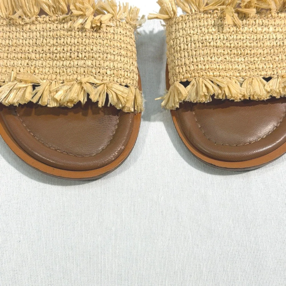 J.Crew Sorrento Raffia Fringe Slide Sandals Tan Brown Leather Size 8‎